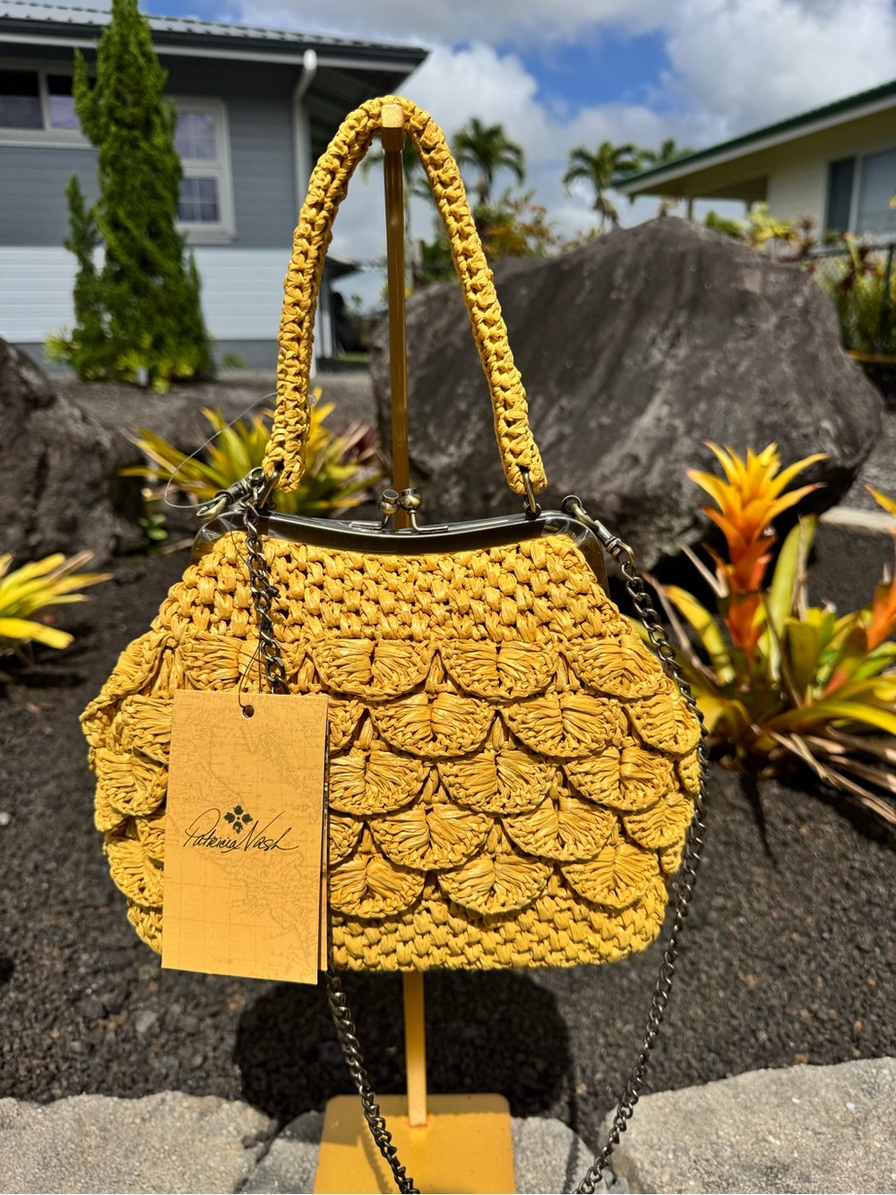 Patricia Nash NWT Yellow Rattan Raffia Kisslock Satchel Crossbody Bag